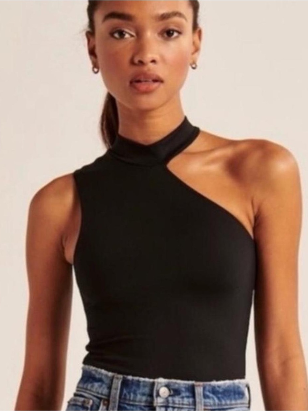 Abercrombie Women's Black One-Shoulder Mock Neck Bodysuit